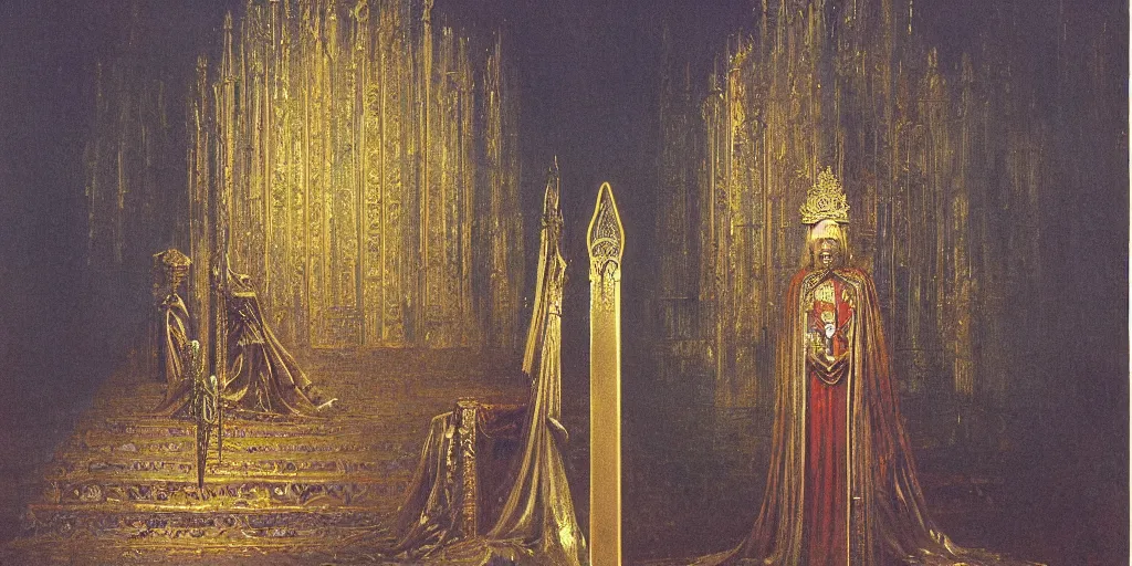 Image similar to a medieval king sitting on a golden throne led by stairs leaning on a shiny sword in a palace, light illuminating behind the throne, beksinski painting