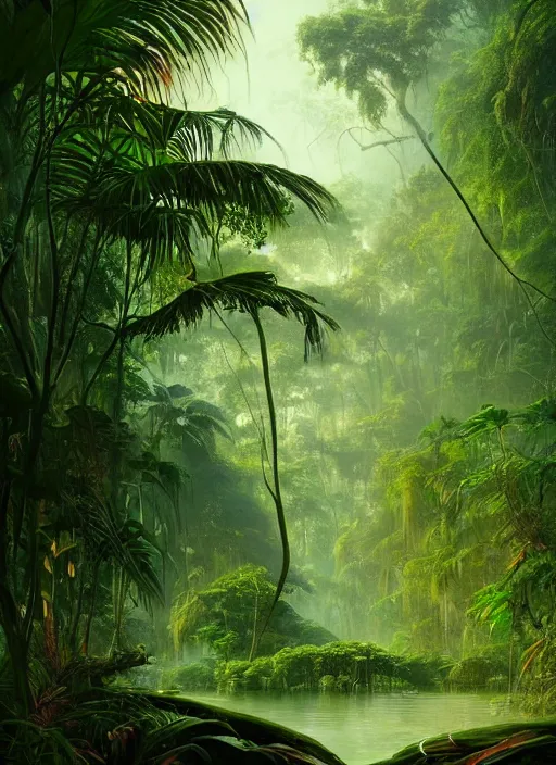 Prompt: a post - minimalism portrait of a jungle bayou with green foliage with very long legs vibrant color scheme, highly detailed, in the style of romanticism, cinematic, artstation, moebius, greg rutkowski