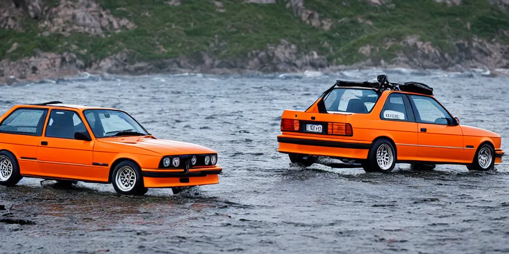 Image similar to orange bmw e30 m3 driving off a cliff into the ocean