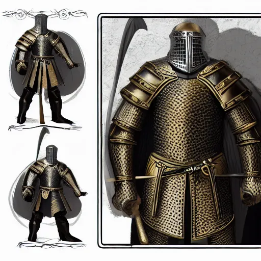 Image similar to character sheet of a medieval knight wearing black armor with golden engravings, concept art, multiple angles, highly detailed, upscaled, 4k resolution, outstanding