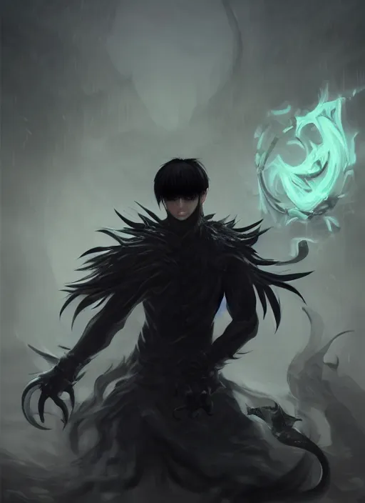 Image similar to a highly detailed illustration of fierce korean man with bowl cut black hair wearing tie with giant black claws, wielding giant black fog claws pose, foggy lovecraftian black mist surrounding background, perfect face, intricate, elegant, highly detailed, centered, digital painting, artstation, concept art, smooth, sharp focus, league of legends concept art, wlop.