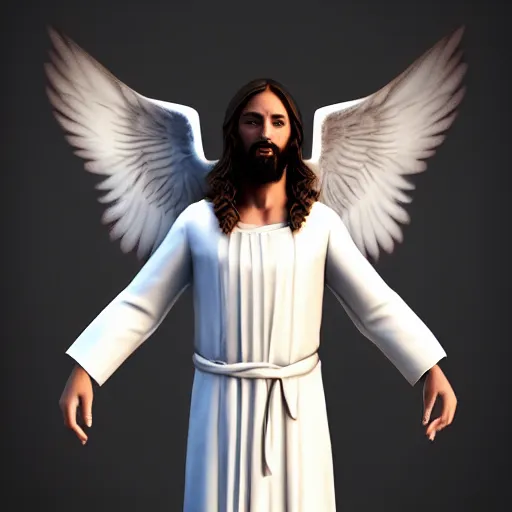 Image similar to Jesus Christ with white wings, dynamic lighting, +++ dynamic pose, high resolution, powerful, halo, 8k