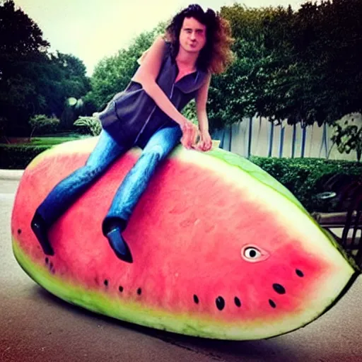 Prompt: “Watermelon whale with Harry Styles riding it”