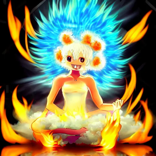 Image similar to fluffy popcorn elemental spirit anime character with a smiling face and flames for hair, sitting on a lotus flower, clean composition, symmetrical