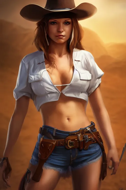 Image similar to full body, female cowgirl, perfect face, white blouse, empty gun holster, 8 k, magic the gathering, desert, d & d, artstation, high detail, smooth, muscular