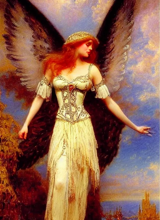 Image similar to vertical prtrait of an angel knight gothic girl, baroque dress. by gaston bussiere