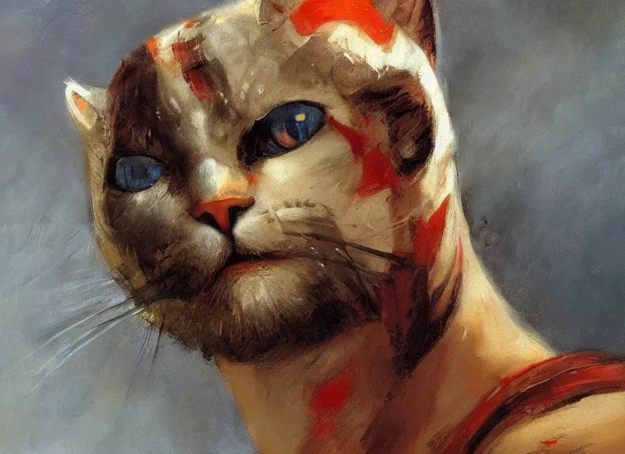 Image similar to a highly detailed beautiful portrait of a cat as kratos, by gregory manchess, james gurney, james jean