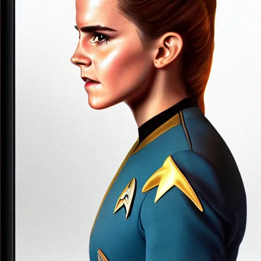 Image similar to a full body portrait of emma watson as a star fleet officer from star trek next generation, ultra rendered extreme realism and detail, 8 k, highly detailed, realistic, completely framed, hyper realistic, colorful, direct lighting, 3 5 mm photo, photorealistic, sharp focus