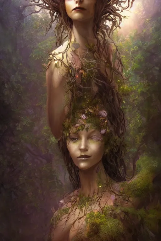 Prompt: portrait of a dryad, fantasy painting, dryad priestess inspired by brian froud, inspired by dungeons and dragons, mysterious, in an evening autumn forest, trending on art station, sunset evening lighting, ominous shadows by jessica rossier