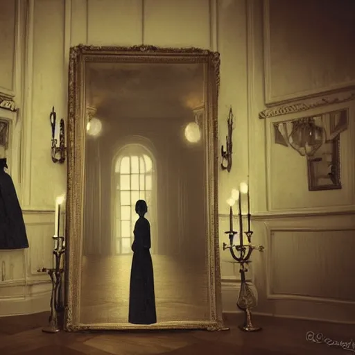 Prompt: a beautiful victorian woman is frightened by her doppleganger in a mirror. she is in a long hallway of mirrors. victorian interior, with many mirrors, twins, elegant design, haunting atmosphere, dark lighting, gothic, horror style, scary, swirling fog, volumetric lighting, by greg rutkowski, realistic, dutch angle, zombies