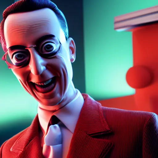 Image similar to a 3 d render of peewee herman on max headroom, octane render, unreal engine, hyperrealism, 8 k, trending on artstation, ultra detailed, volumetric lighting, dramatic lighting, lasers, neon