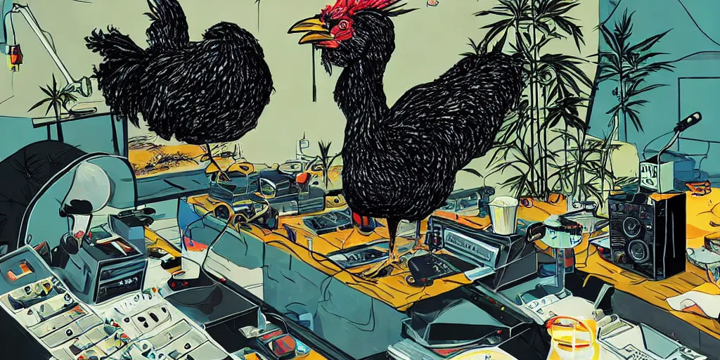 Prompt: 'black chicken'!!! smoking 'cannabis'!!!!!! in front of 'audio console'!!!! and 'multi monitors'!!!! 'in a hi-tech tv broadcasting studio'!!!!, artwork by James Gilleard