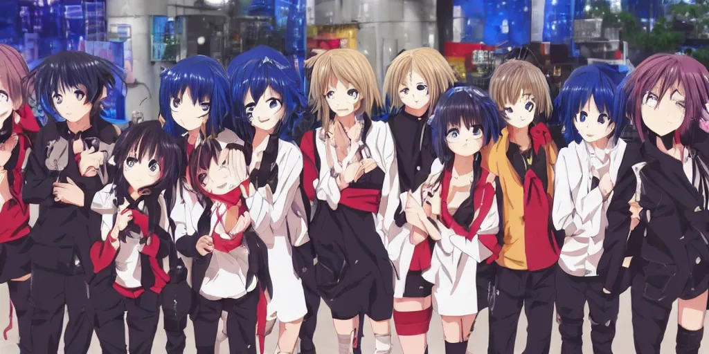 Image similar to 2 anime girls posing with 6 anime boys