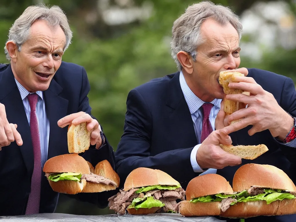 Image similar to a man whose head has been expanded into the shape of an anvil, eats a beef sandwich. he is gagged and trussed like a turkey. he is tony blair