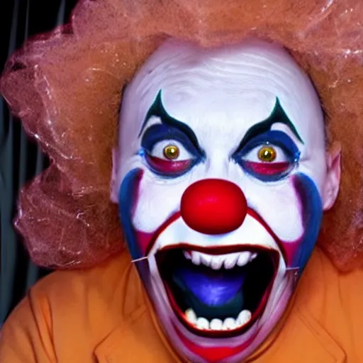 Prompt: hidden camera footage of terrifying clown in a bedroom