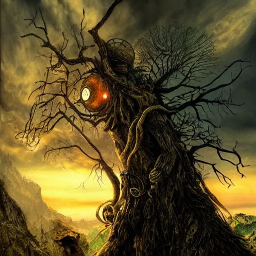 Image similar to steampunk ent man from lord of the rings, fantasy, high detail, realistic, pastel, complex psychadelic patterns, dark, magical natural mountainous background with setting sun, smoke in sky