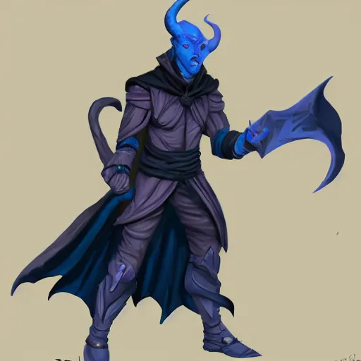 Image similar to D&D character concept art of a cloaked tiefling, tiefling rogue, blue skin color with short horns and a devil tail, fighting pose of a Rogue holding daggers, black cloak hidden in shadows, full body pose, soft colors, fantasy, intricate, elegant, highly detailed, digital painting, artstation, concept art, smooth, sharp focus, illustration, wide angle shot, full body visible, art by artgerm and H R Giger and alphonse mucha