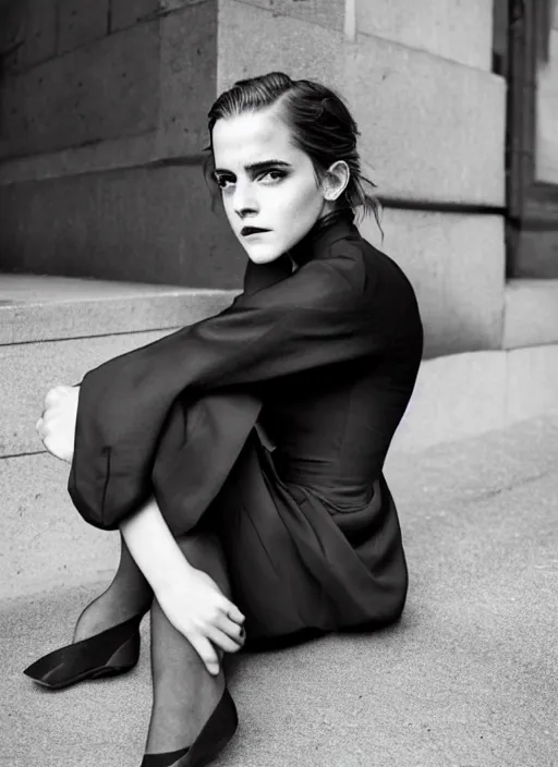 Image similar to Emma Watson for Victorian Secret, sitting on the corner, perfect symmetrical face, full length shot, extremely detailed, XF IQ4, 50MP, 50mm, f/1.4, ISO 200, 1/160s, natural light, Adobe Lightroom, rule of thirds, symmetrical balance, depth layering, polarizing filter, Sense of Depth