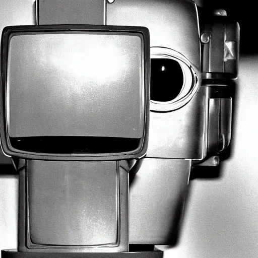 Prompt: robot with a crt television for a head, 1970 HQ photograph