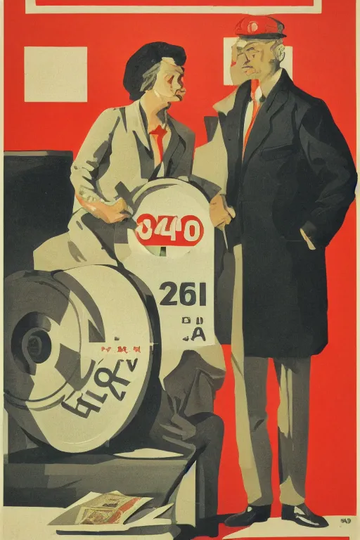 Image similar to a weight with a businesswoman on the left plate and cash on the right plate. poster illustration, soviet realist poster art