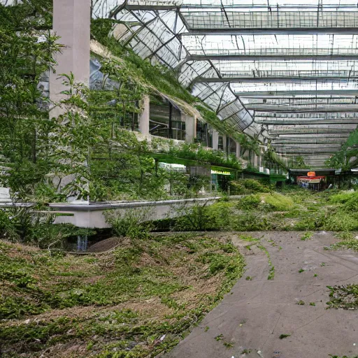 Prompt: an abandoned vaporware mall with growing vegetations