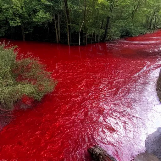 Prompt: hyper realistic photo of the river of blood, bodies floating downstream