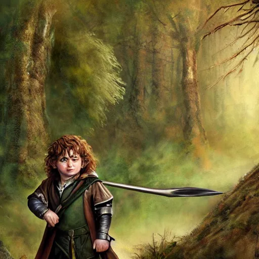 Prompt: a young warrior hobbit in leather armor with short hair and a dark green cloak hiking through the forest holding a hunting bow, trending on artstation, realistic, detailed, by Tony Sart