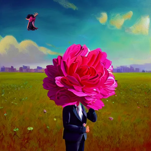 Image similar to portrait, giant rose flower head, girl dancing in a suit, surreal photography, sunrise, blue sky, dramatic light, impressionist painting, digital painting, artstation, simon stalenhag