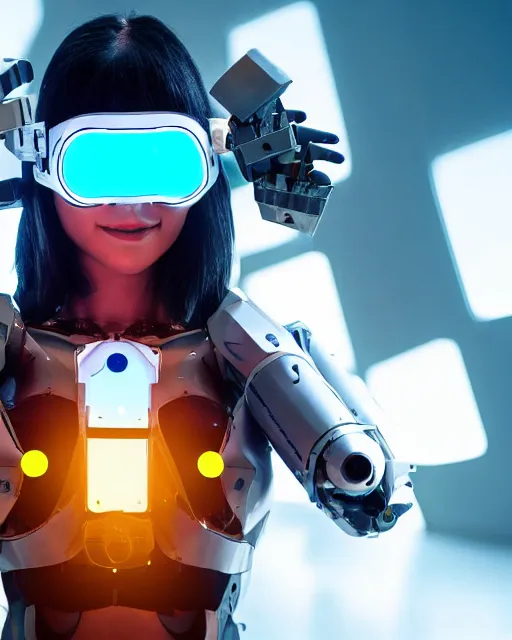 Image similar to centered portrait photo of young lorena herrera as a solarpunk mecha humanoid robotic parts wearing goggles with bright lights, real human face, pudica pose, inside white room, ultra - realistic and detailed, 8 k