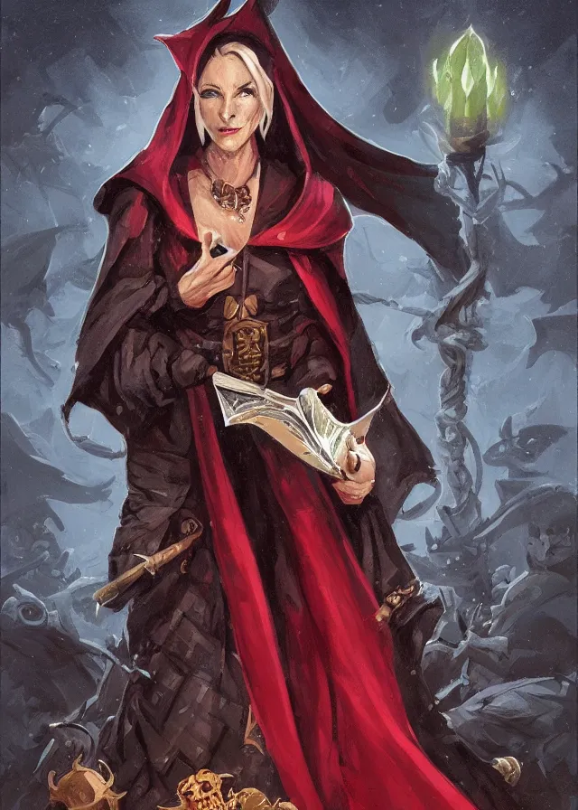 Image similar to a female dnd wizard's portrait by brian patterson and rhads, black, african, red robes, necromancer, bones, skulls, papers and tomes