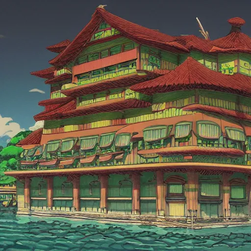 Image similar to a hotel that looks like the bathhouse in spirited away, in the style of Keen Art on ArtStation, 4k,