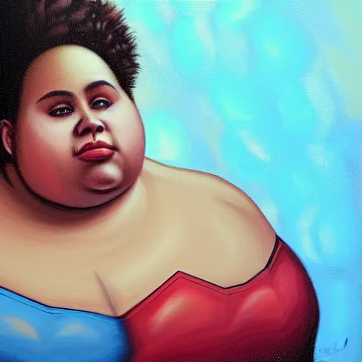 Image similar to beautiful oil painting of a fat mixed woman with an afro, beautiful eyes, artstation, volumetric lights, highly detailed, concept art, sharp focus, beautiful face