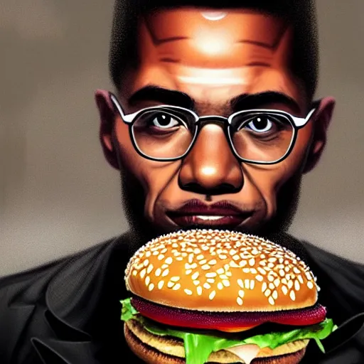 Prompt: portrait of Malcolm X eating big mac hamburgers, extra onions and ketchup, hyperdetails, displacement mapped octane render, luscious patty with sesame seeds, ethereal, handsome, D&D, fantasy, intricate, elegant, highly detailed, digital painting, artstation, concept art, matte, sharp focus, illustration, art by Artgerm and Greg Rutkowski and Alphonse Mucha