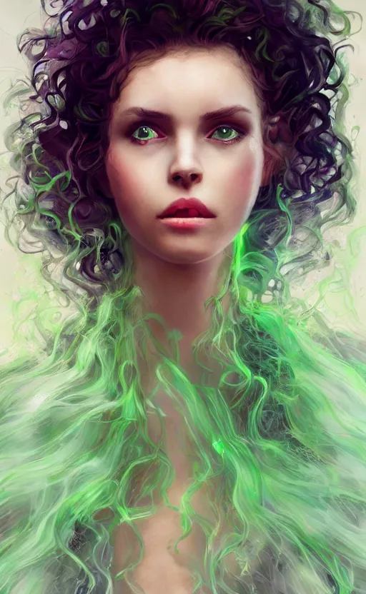 Image similar to a young woman with wild, curly hair and bright green eyes. she's wearing a flowing dress made of light, airy fabric and she has a mischievous look on her face, dynamic lighting, photorealistic fantasy concept art, trending on art station, stunning visuals, creative, cinematic, ultra detailed