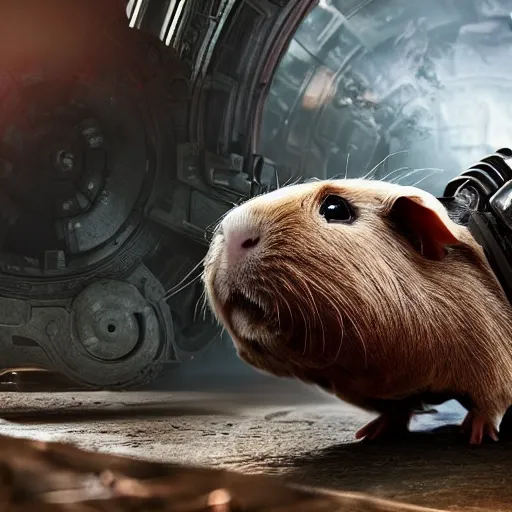 Image similar to guinea pig in gears of war, splash art, movie still, detailed face, photorealistic facial features, cinematic lighting, dramatic, octane render, long lens, shallow depth of field, bokeh, anamorphic lens flare, 8 k, hyper detailed, 3 5 mm film grain