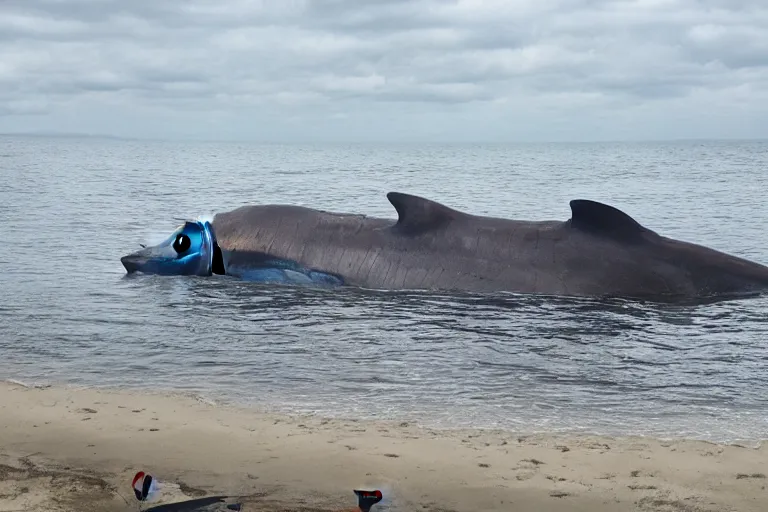 Image similar to huge megalodon washed upon the shore, people watching