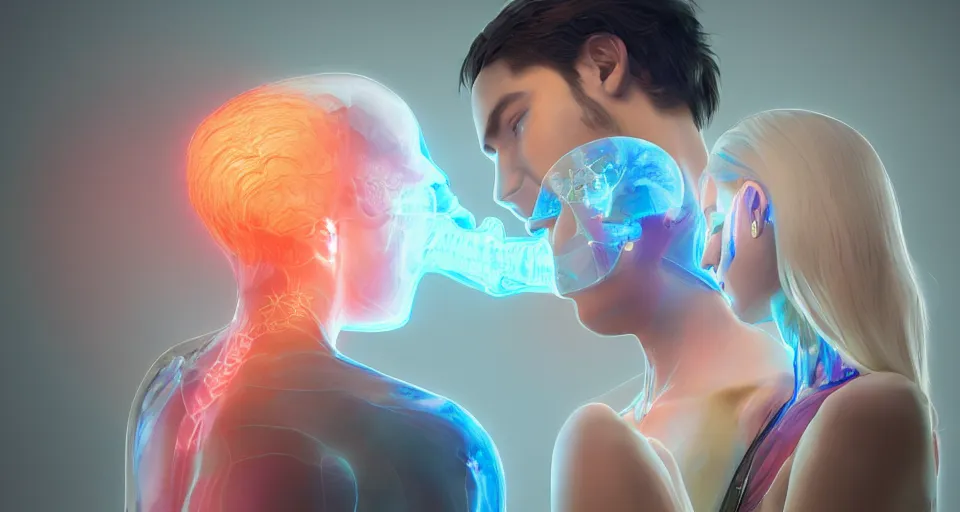 Image similar to x - ray photos of bionic couples kissing each other, octane render, concept art, realistic, high details colourful vfx art, art by hsiao - ron cheng and james jean highly detailed, intricate detail, unreal engine, octane render