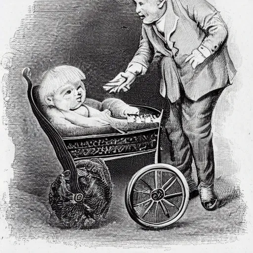 Image similar to victorian medical illustration of boris johnson as a baby in a pram