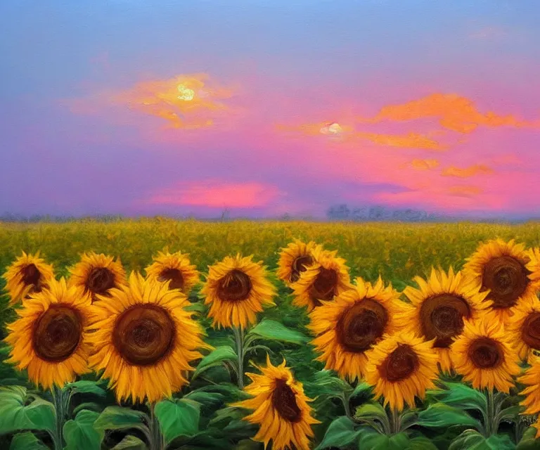 Prompt: sunflowers, william henrits, hovik zohraybyan, oil painting, bright colors, pink skies, sunrise, soft tones