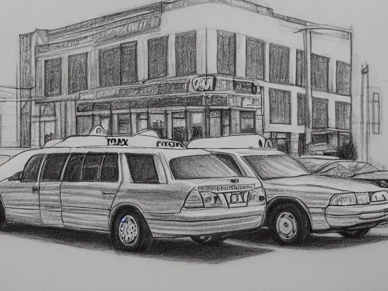 Image similar to a pencil drawing of one single taxi cab. by pen tacular