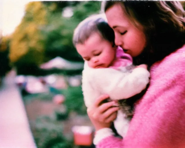 Image similar to a lomographic photo of young women holding her child on hands, year 1 9 7 0, cinestill, bokeh