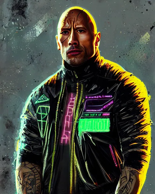 Prompt: detailed portrait Dwayne Johnson, cyberpunk futuristic neon, reflective leather jacket, decorated with traditional Japanese ornaments by Ismail inceoglu dragan bibin hans thoma greg rutkowski Alexandros Pyromallis Nekro Rene Maritte Illustrated, fine details, realistic shaded