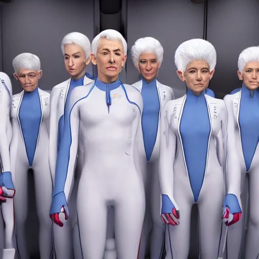 Prompt: troop of annie lennox women with white hair, white hair, tight light blue neopren suits, futuristic production facility, sci - fi, highly detailed, cinematic