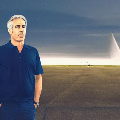 Prompt: aesthetic illustration of jeffrey epstein, wearing a dark blue polo shirt, standing near predator unmanned combat aircraft on an empty runway at dusk, cinematic lighting, high detail, volumetric lights, pinterest wallpaper, trending on artstation