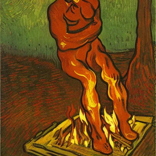 Image similar to painting of a man in hell making smores, by van gogh.