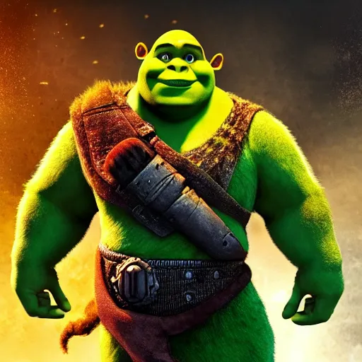 Image similar to Shrek!! as Shrek!! in 'Gears of War', splash art, movie still, cinematic lighting, detailed face, dramatic, octane render, long lens, shallow depth of field, bokeh, anamorphic lens flare, 8k, hyper detailed, 35mm film grain