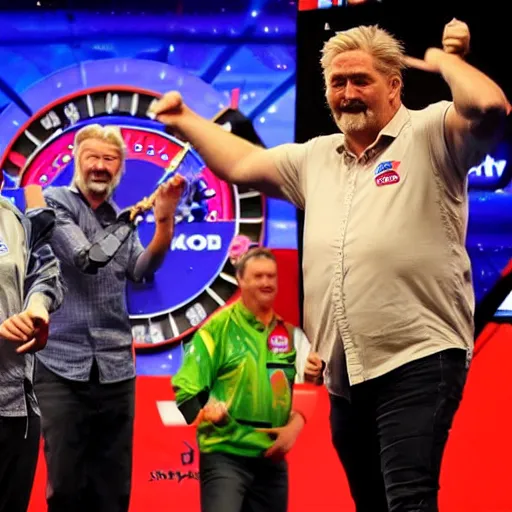 Prompt: a kangaroo, a wombat and a koala all playing darts together, while watched approvingly by Simon The Wizard Whitlock