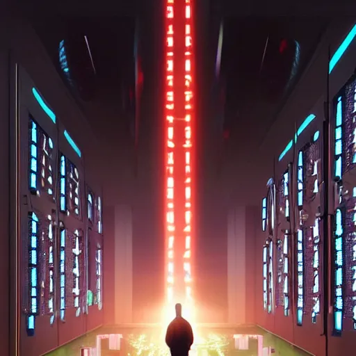 Image similar to professional painting of tiny people praying to monumental conscious supercomputer with huge - hologram - head!!!! in the center of endless colossal server room, trending on artstation, cyberpunk, sci - fi, futuristic, by greg rutkowski and maciej kuciara, high quality