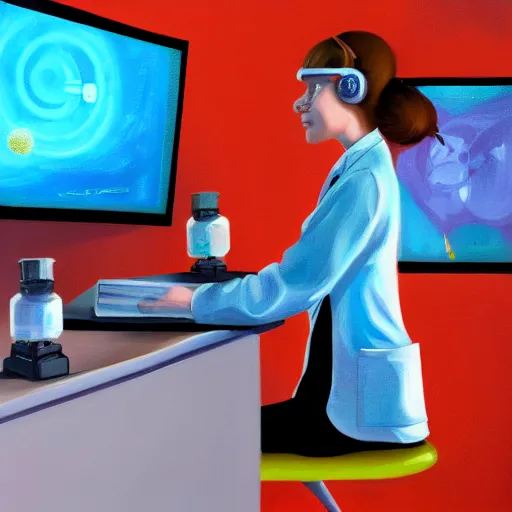 Image similar to a female scientist sitting in the control room,watching the graphics on the panel,oil painting,digital art,trending on artstation