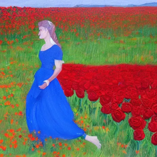 Prompt: a field of red roses with a lady in blue walking in the middle of the field, oil on canvas, bloom, morning, high detail